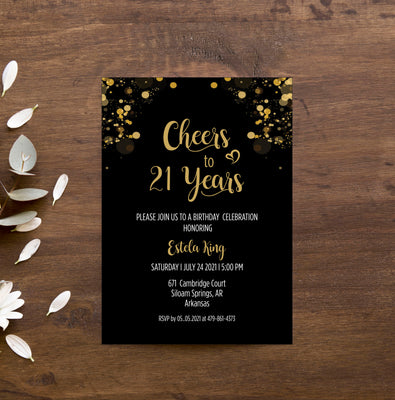 21st Happy Birthday Party Invitation RSVP Cards | Cheers To 21 Years Invites