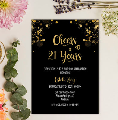 21st Happy Birthday Party Invitation RSVP Cards | Cheers To 21 Years Invites