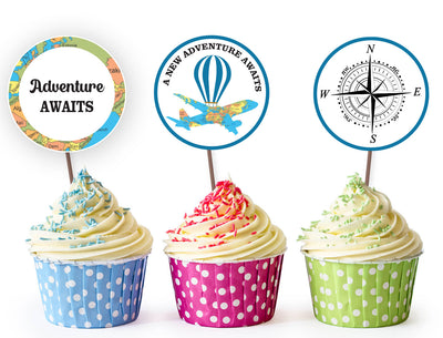 Adventure Awaits Cupcake Toppers | Travel Theme Birthday Party Table toppers