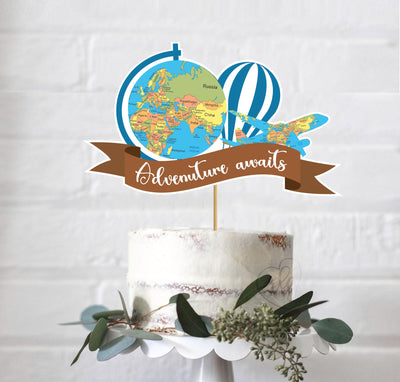 Adventure Awaits Travel Theme Happy Birthday Cake Topper | Table Decoration