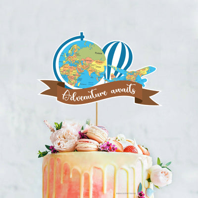 Adventure Awaits Travel Theme Happy Birthday Cake Topper | Table Decoration