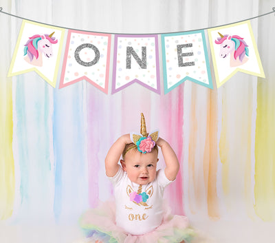 Unicorn Birthday Party One High Chair Banner