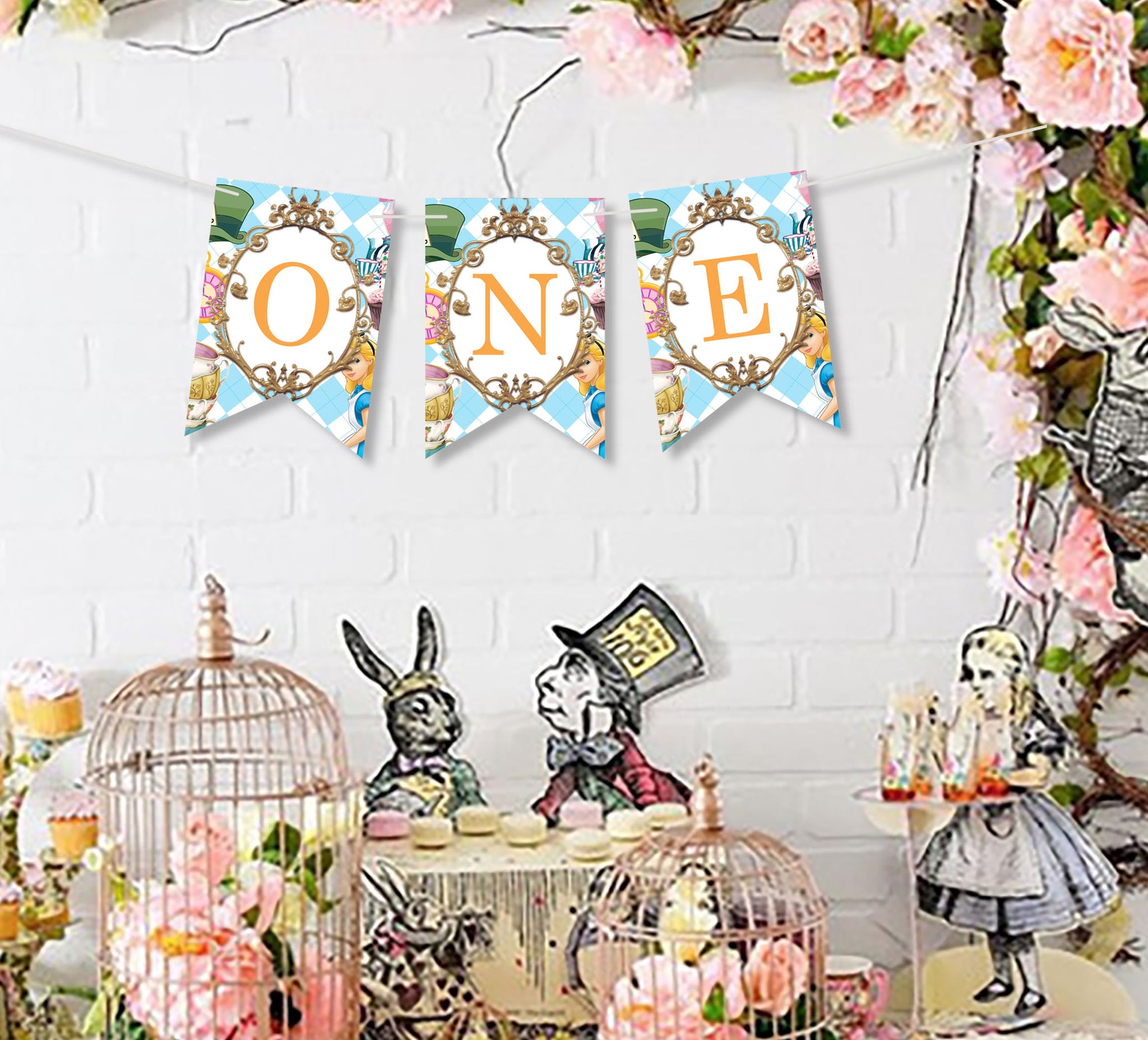 Alice In Wonderland First Birthday Banner - ONE High Chair Decor For Girl's Wonderland Party