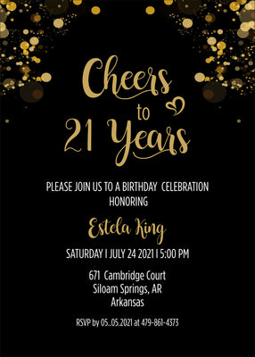 21st Happy Birthday Party Invitation RSVP Cards | Cheers To 21 Years Invites