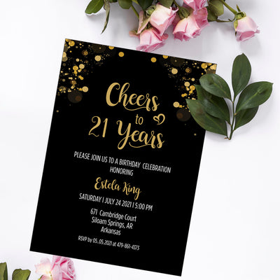 21st Happy Birthday Party Invitation RSVP Cards | Cheers To 21 Years Invites