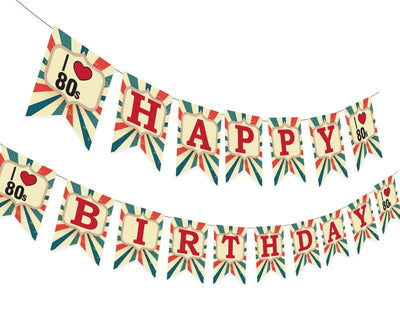 Retro Theme Birthday Decorations I love 80s Happy Birthday Bunting Banner