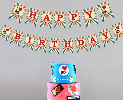 Retro Theme Birthday Decorations I love 80s Happy Birthday Bunting Banner