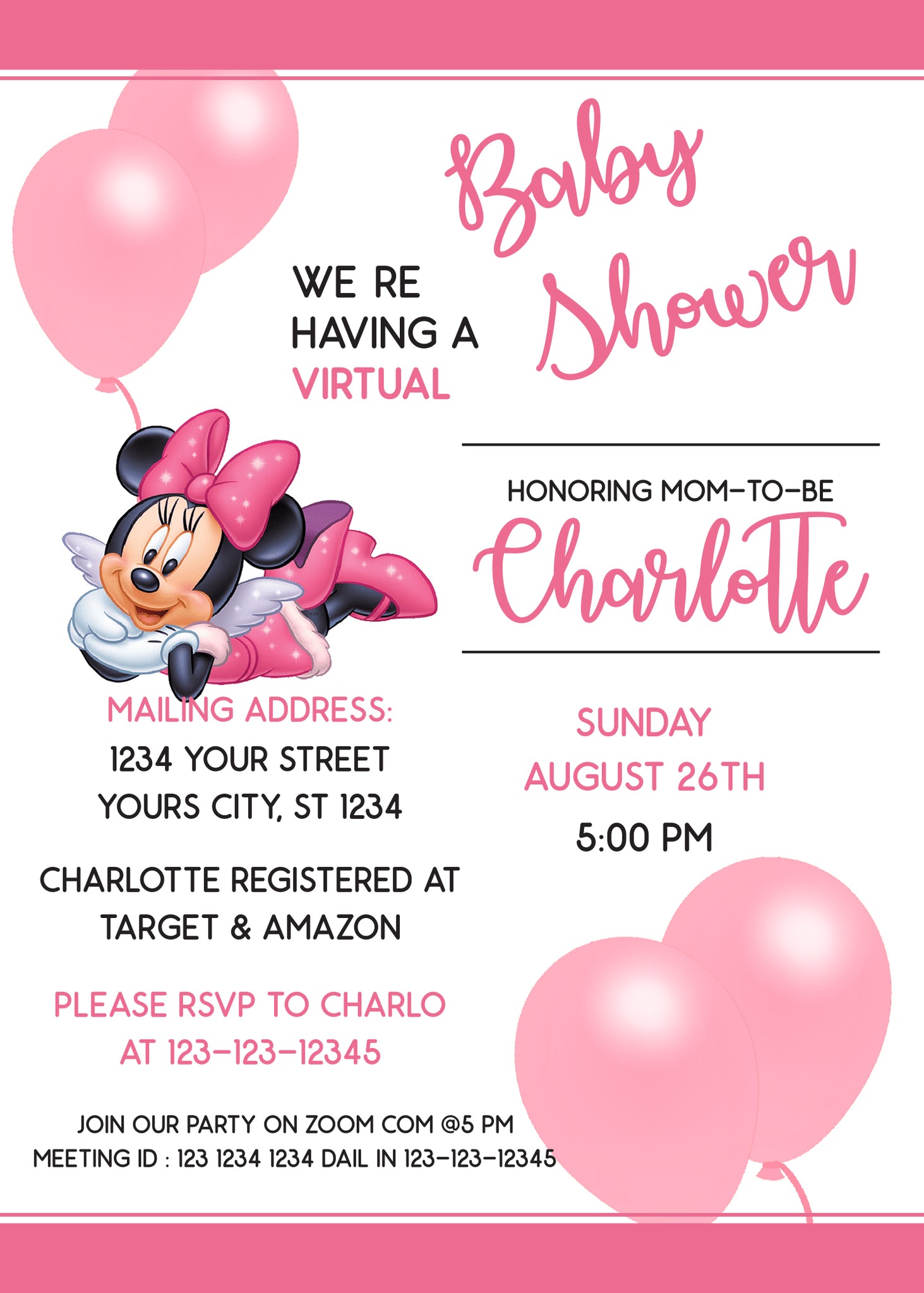 Simple Modern Minnie Mouse Baby Shower Thank You Invitation