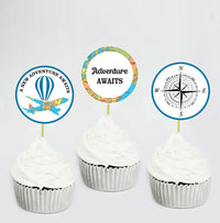 Adventure Awaits Cupcake Toppers | Travel Theme Birthday Party Table toppers