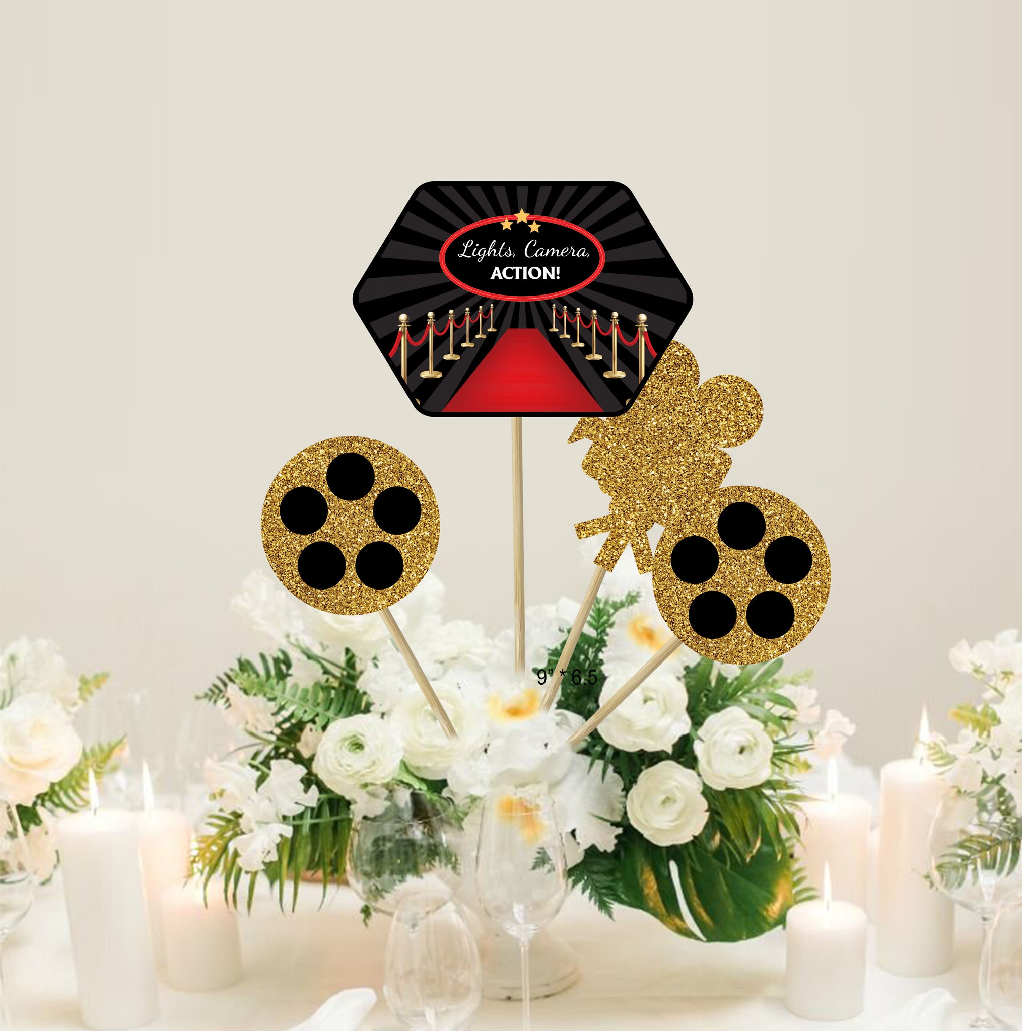 Hollywood Theme Centerpieces from Life O' The Party - mazelmoments.com  Hollywood  party theme, Hollywood birthday parties, Movie themed party