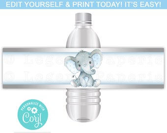 Elephant Theme Birthday Water Bottle Labels